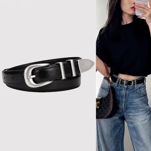 Minimalist Genuine Leather Belt For Women Versatile Horseshoe Buckle Cowhide Waist Belt Fashion Casual Jeans Pants Belt