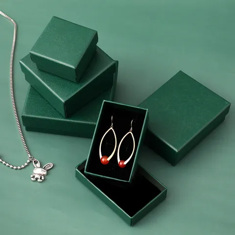 Elegant Dark Green Paper Jewelry Gift Box Case Solid Color Textured Paperboard Ring Earring Necklace Bracelet Packaging Boxes Bags For Gift Present Storage Organizer