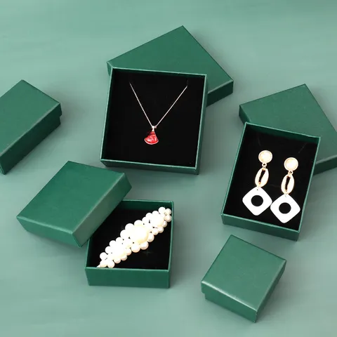 Elegant Dark Green Paper Jewelry Gift Box Case Solid Color Textured Paperboard Ring Earring Necklace Bracelet Packaging Boxes Bags For Gift Present Storage Organizer
