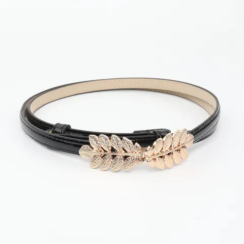Women Fashion PU Leather Skinny Belt Elegant Gold Leaf Metal Buckle Casual Dress Shirt Waist Belt Daily Accessory