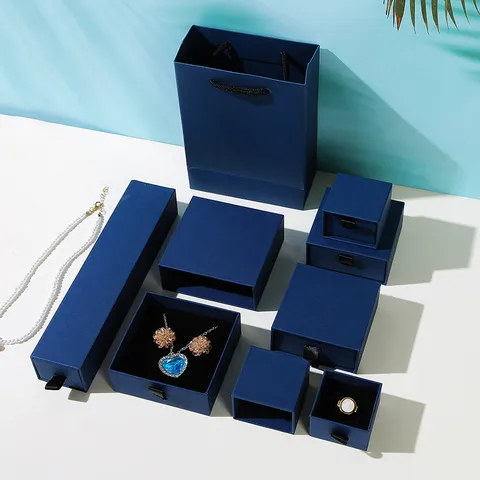Marineblaue Schmuck Geschenkbox Schubladentyp Papier Karton Box Für Ring Ohrring Halskette Armband Aufbewahrung Mit Bandgriff