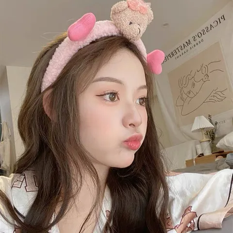 Cute Plush Bear Rabbit Ear Headband For Women Soft Coral Fleece Hair Band For Washing Face Makeup Spa Hair Hoop Korean Style Sweet Animal Headpiece