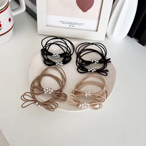 Women Elegant Bowknot Hair Ties Artificial Pearl Embellished Elastic Scrunchies Handmade Nylon Hair Bands Hair Accessories