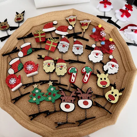Weihnachten Haarspangen Weihnachtsmann Rentier Weihnachtsbaum Feder Haarnadeln Lustige Feiertag Glitzer Entenschnabel Clips Party Zubehör