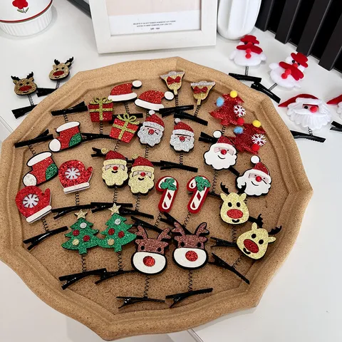 Weihnachten Haarspangen Weihnachtsmann Rentier Weihnachtsbaum Feder Haarnadeln Lustige Feiertag Glitzer Entenschnabel Clips Party Zubehör