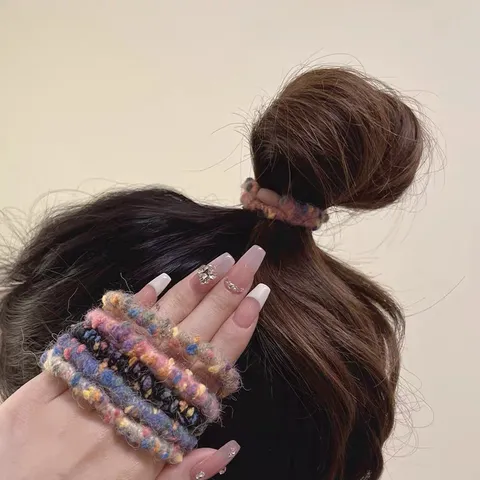 Damen Dopamin Farbe Wollgarn Haargummis Handgefertigte Gewebte Elastische Haarbänder Koreanische Süße Haaraccessoires