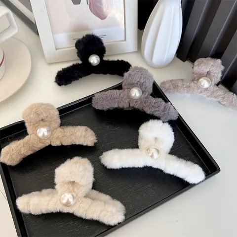 Pince à Cheveux en Peluche avec Perle Style Maillard Pince Requin Coréenne Grande Épingle à Cheveux pour Femme Automne Hiver