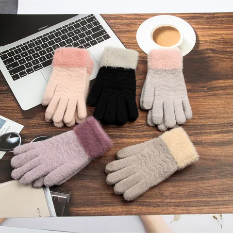 Women Winter Warm Touch Screen Knit Gloves Acrylic Plush Cuff Thermal Mittens Outdoor Student Daily Wear Fashion Gloves