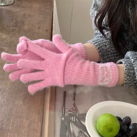 Women Winter Long Knit Wool Blend Gloves Touch Screen Warm Thermal Gloves With Lace Label Minimalist Fashion Mittens