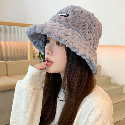 Winter Warm Mink Fleece Bucket Hat For Women Thickened Soft Plush Fisherman Cap Cute Casual Solid Color Winter Hat