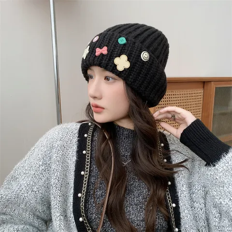 Women Winter Warm Thickened Knitted Beanie Hat Sweet Cute Letter Love Charms Pullover Ear-Flap Knit Hat Fashion Headwear