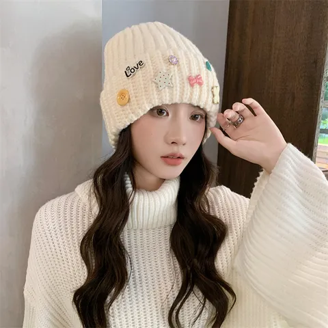 Women Winter Warm Thickened Knitted Beanie Hat Sweet Cute Letter Love Charms Pullover Ear-Flap Knit Hat Fashion Headwear
