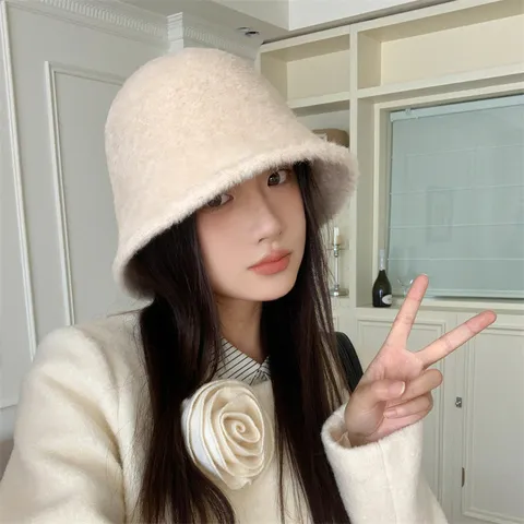 Winter Warm Sherpa Fleece Bucket Hat For Women Solid Color Casual Fluffy Fisherman Cap Outdoor Plush Basin Hat