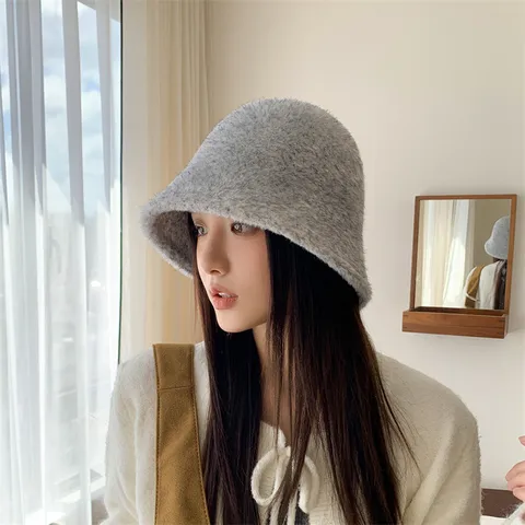 Winter Warm Sherpa Fleece Bucket Hat For Women Solid Color Casual Fluffy Fisherman Cap Outdoor Plush Basin Hat
