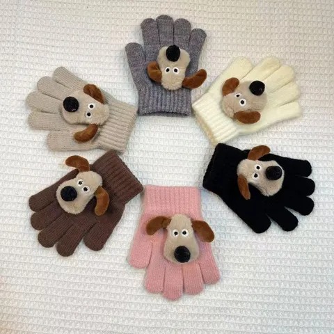 Kids Winter Warm Knit Gloves Cute Cartoon Dog 3D Doll Five Finger Mittens Children Thickened Thermal Gloves Accessories