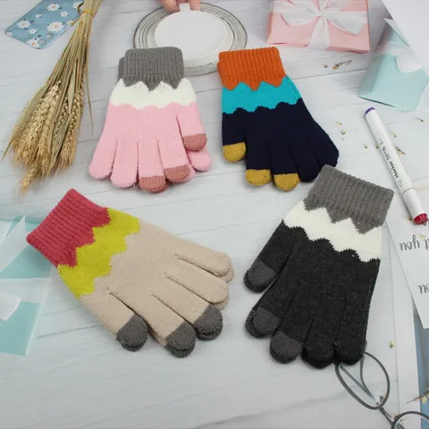 Women Winter Warm Knitted Gloves Cute Colorful Striped Touch Screen Gloves Sweet Style Daily Casual Cold Weather Gloves