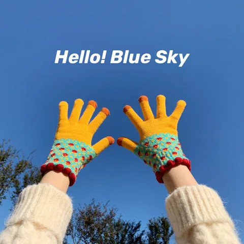 Women Winter Warm Knit Touch Screen Gloves Retro Color Block Floral Pattern Five Finger Thermal Gloves For Cycling Daily Wear