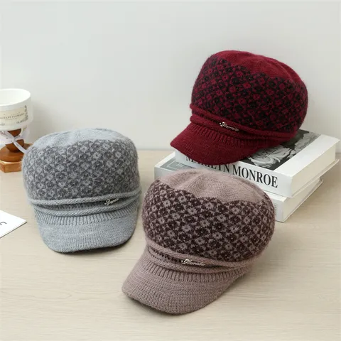 Women Winter Warm Knitted Hat Fleece Lined Thickened Earflap Peak Cap Casual Outdoor Windproof Knit Beanie Hat