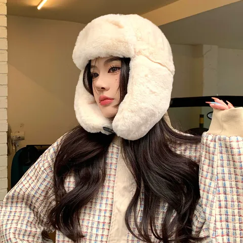 Unisex Winter Warm Trapper Hat Thickened Plush Ear Flap Bomber Hat Solid Color Cold Weather Ski Cap Fashion Headwear