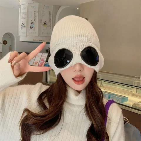 Berretto in Maglia Caldo Invernale Unisex Foderato in Peluche Design Occhiali Aviator Goggle Antivento Cappello di Lana Casual alla Moda