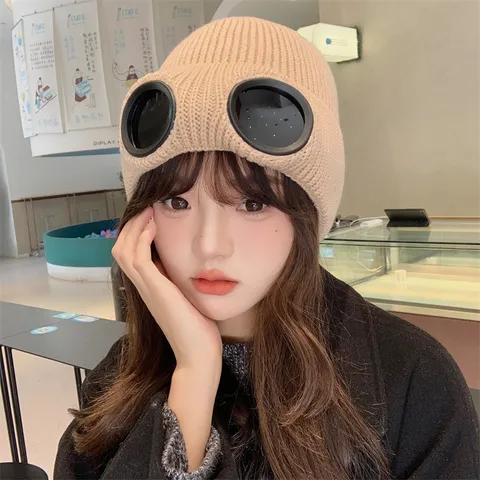 Berretto in Maglia Caldo Invernale Unisex Foderato in Peluche Design Occhiali Aviator Goggle Antivento Cappello di Lana Casual alla Moda