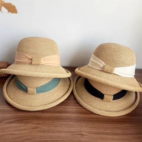 French Vintage Paper Straw Sun Hat Women Summer Wide Brim Elegant Bowknot Beach Hat