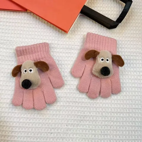 Kids Winter Warm Knit Gloves Cute Cartoon Dog 3D Doll Five Finger Mittens Children Thickened Thermal Gloves Accessories