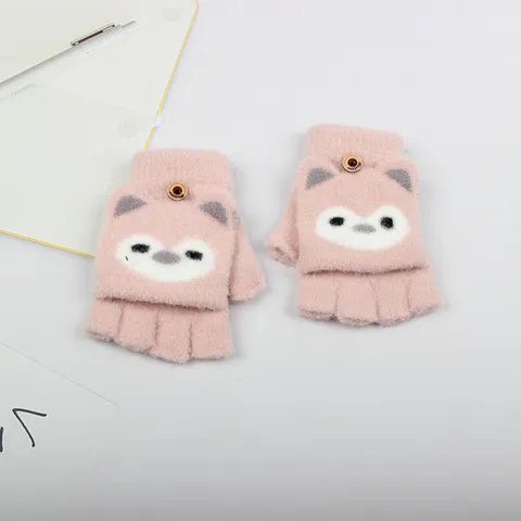Children Winter Warm Flip Top Knit Gloves Cute Cartoon Animal Half Finger Mittens For Boys And Girls