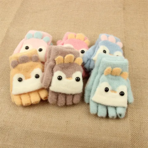 Children Winter Warm Knit Half Finger Flip Gloves Cute Cartoon Animal Design Thickened Student Convertible Mittens