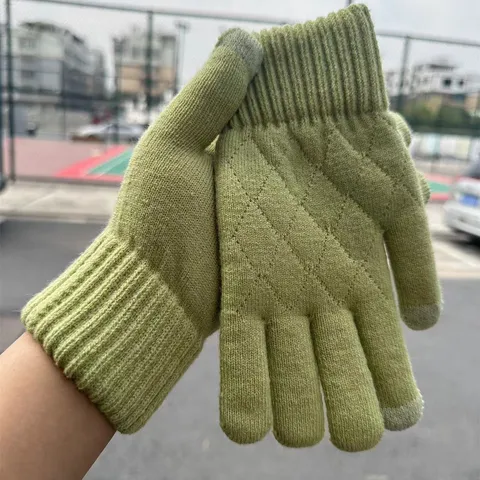 Women Winter Warm Thickened Double Layer Jacquard Diamond Lattice Touch Screen Knitted Gloves Casual Acrylic Handwear