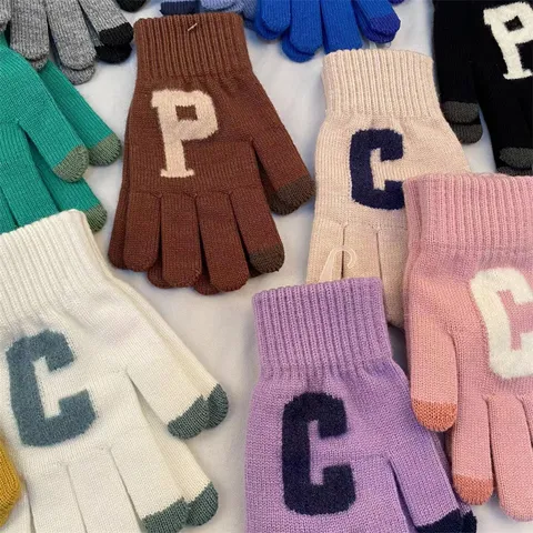 Winter Warm Knitted Gloves For Women Touch Screen Acrylic Solid Color Letter Print Five Finger Casual Fashion Gloves