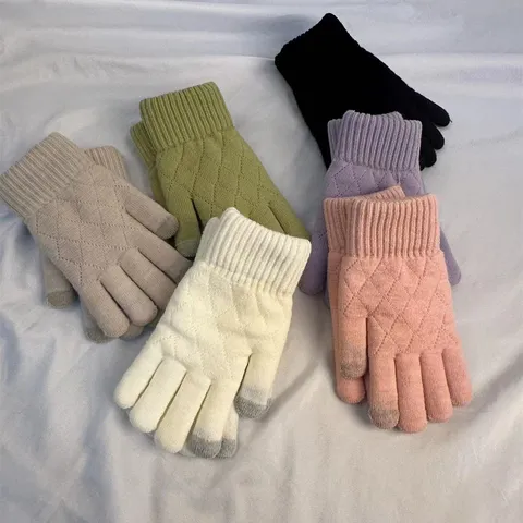 Women Winter Warm Thickened Double Layer Jacquard Diamond Lattice Touch Screen Knitted Gloves Casual Acrylic Handwear