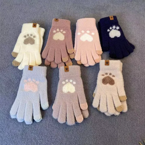 Women Winter Warm Touch Screen Knitted Gloves Cute Cartoon Bear Claw Thickened Acrylic Thermal Mittens Daily Wear