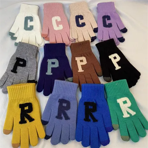 Winter Warm Knitted Gloves For Women Touch Screen Acrylic Solid Color Letter Print Five Finger Casual Fashion Gloves