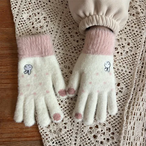 Women Winter Warm Knit Touch Screen Gloves Cute Bunny Embroidery Plush Cuff Fleece Lined Thickened Soft Gloves