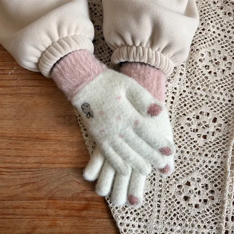 Women Winter Warm Knit Touch Screen Gloves Cute Bunny Embroidery Plush Cuff Fleece Lined Thickened Soft Gloves