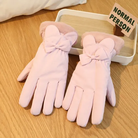Women Winter Warm Touch Screen Gloves Cute Bow Design Windproof Waterproof Plus Velvet Thermal Ski Gloves