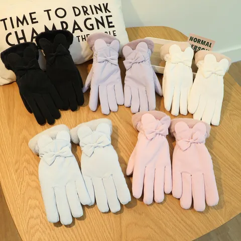 Women Winter Warm Touch Screen Gloves Cute Bow Design Windproof Waterproof Plus Velvet Thermal Ski Gloves