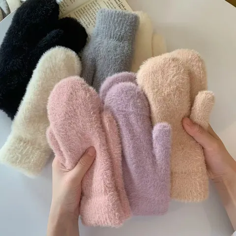 Guantes de Punto de Terciopelo de Alpaca Espesados y Cálidos de Invierno para Mujeres Estilo Coreano