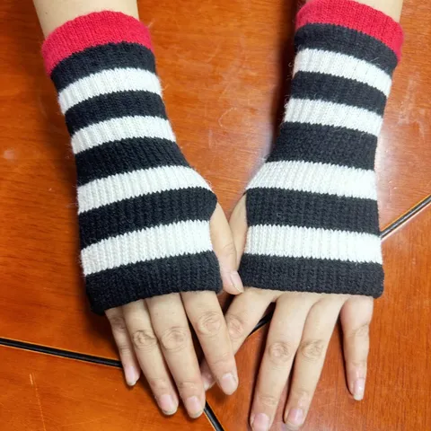 Women Winter Warm Striped Knit Arm Warmers Fingerless Gloves Acrylic Fashion Casual Daily Gloves