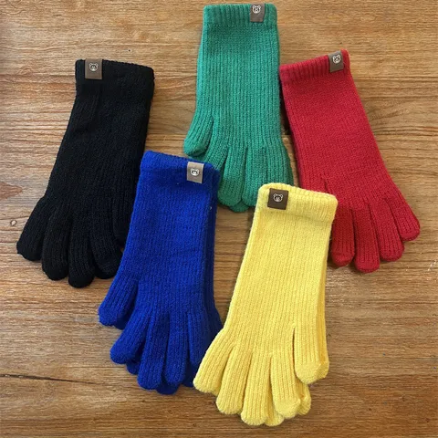 Women Winter Warm Long Gloves Fingerless Solid Color Knit Wool Gloves Cute Bear Patch Fashion Winter Mittens