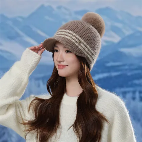Women Winter Warm Striped Knit Beanie Hat with Pompom and Short Brim Casual Daily Fashion Knitted Cap