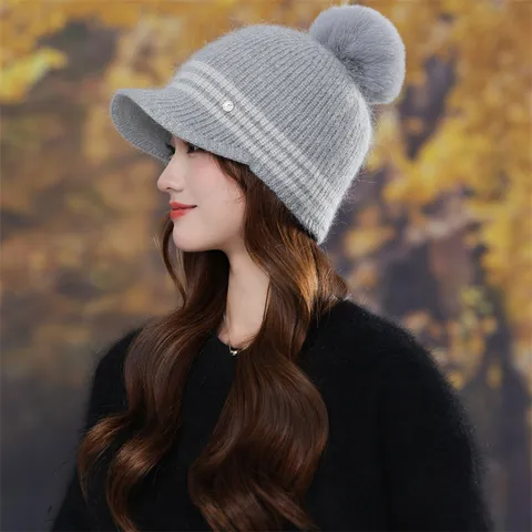 Women Winter Warm Striped Knit Beanie Hat with Pompom and Short Brim Casual Daily Fashion Knitted Cap
