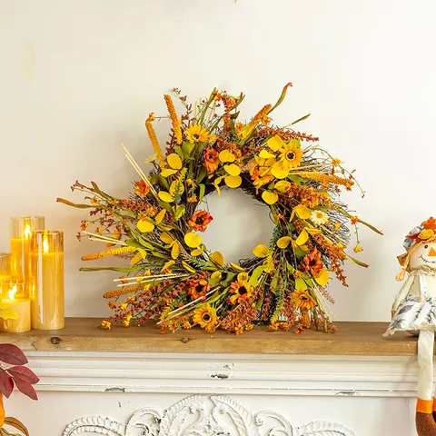 Fall Harvest Thanksgiving Sunflower Wreath Artificial Maple Leaves Berries Wheat Front Door Wall Hanging Autumn Home Decor