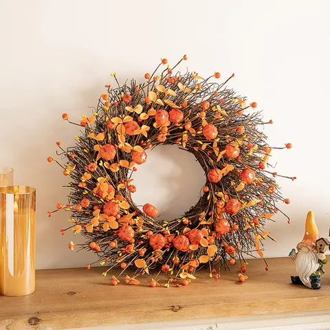 Harvest Festival Wreath Thanksgiving Autumn Decoration Pumpkin Berry Maple Leaf Handmade Wall Hanging Front Door Ornament