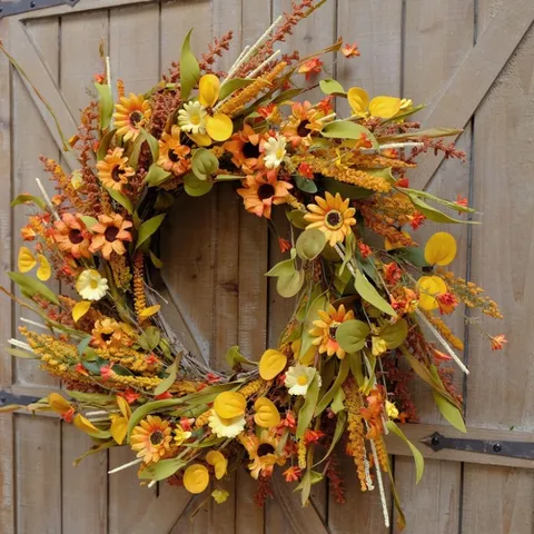 Autumn Harvest Wreath For Front Door Thanksgiving Fall Decor With Artificial Sunflowers Maple Leaves Berries And Wheat Stalks Rustic Farmhouse Wall Hanging Ornament