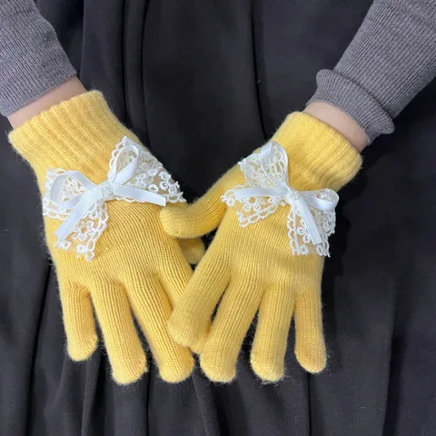 Women Winter Warm Fingerless Knitted Gloves Sweet Style With Lace Bow And Artificial Pearl
