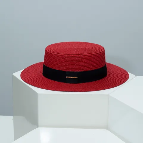 Women Wide Brim Flat Top Paper Straw Hat Summer Beach Sun Protection Casual Hand-Woven Boater Fedora Hat