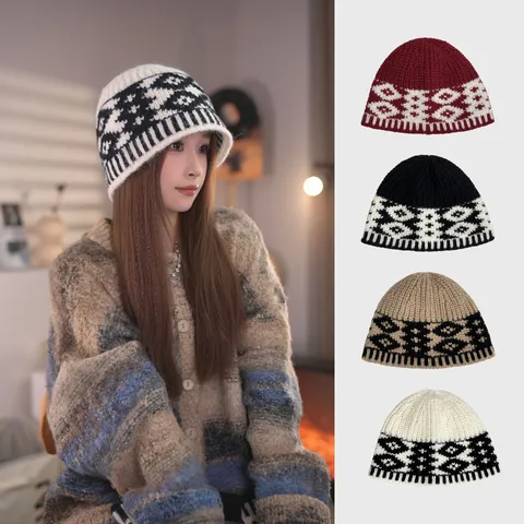 Retro Color Block Knit Bucket Hat Winter Warm Ear Protection Knitted Wool Fisherman Hat Casual Stylish Cap For Women