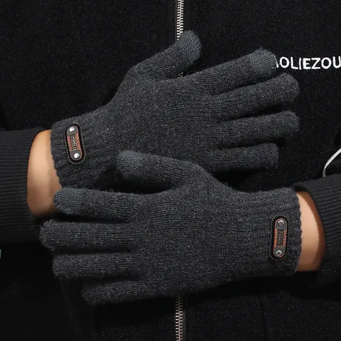 Gants Tricotés Thermiques d'Hiver pour Hommes Écran Tactile Laine Chaude Cinq Doigts Cyclisme Extérieur